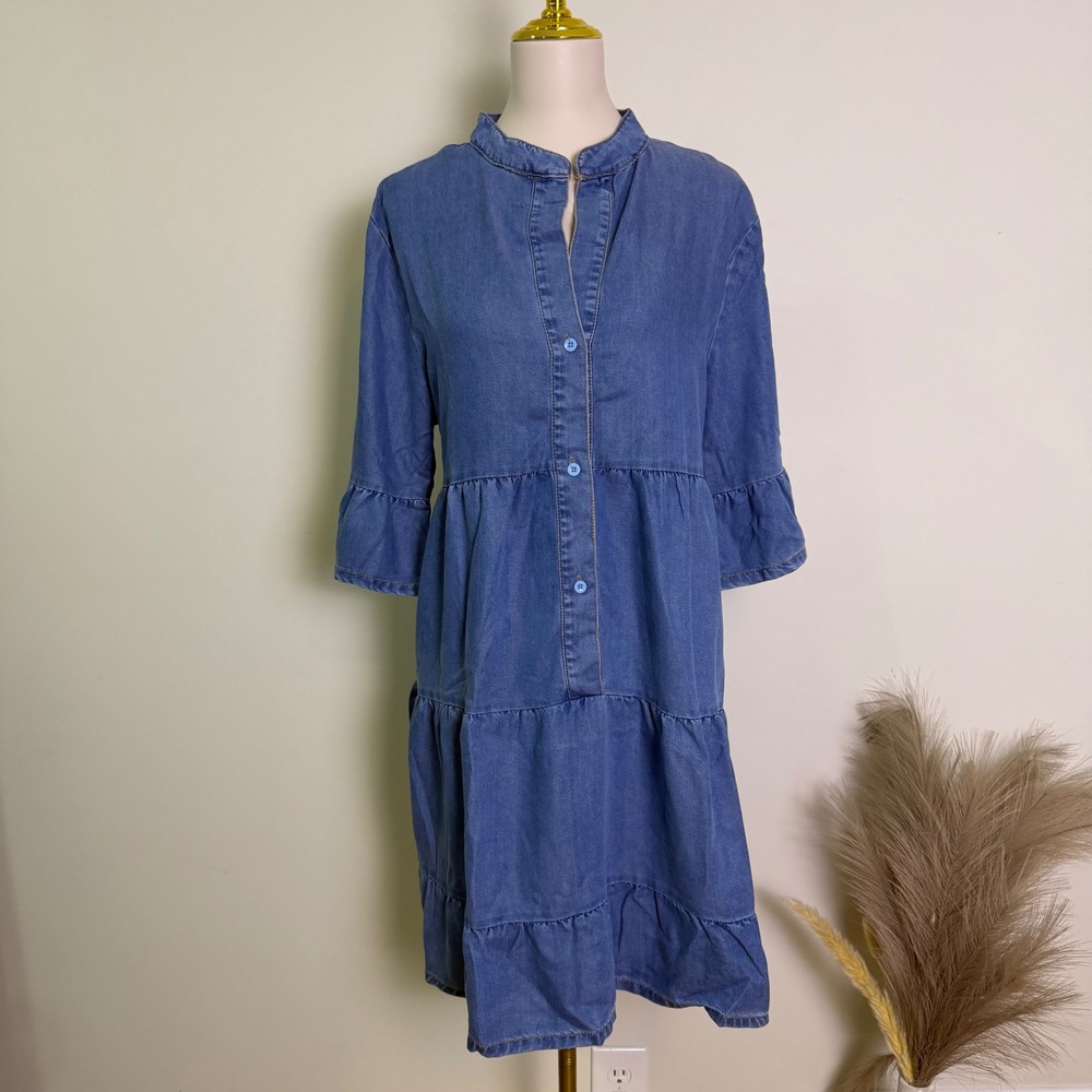 Soft Denim Chambray Tiered Midi Shirt Dress XL